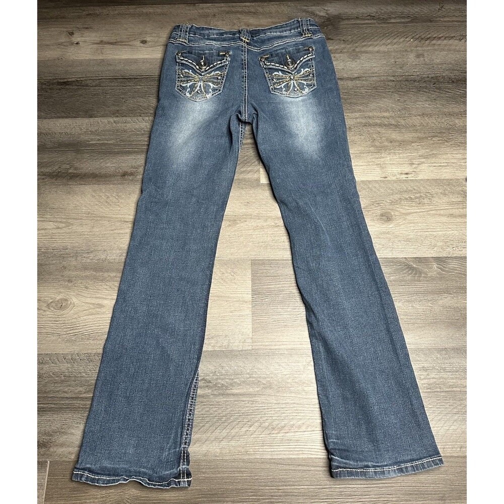 Cato Women's Size 10 Bootcut Jeans Blue Denim Embroidered Rhinestone Flap Pocket